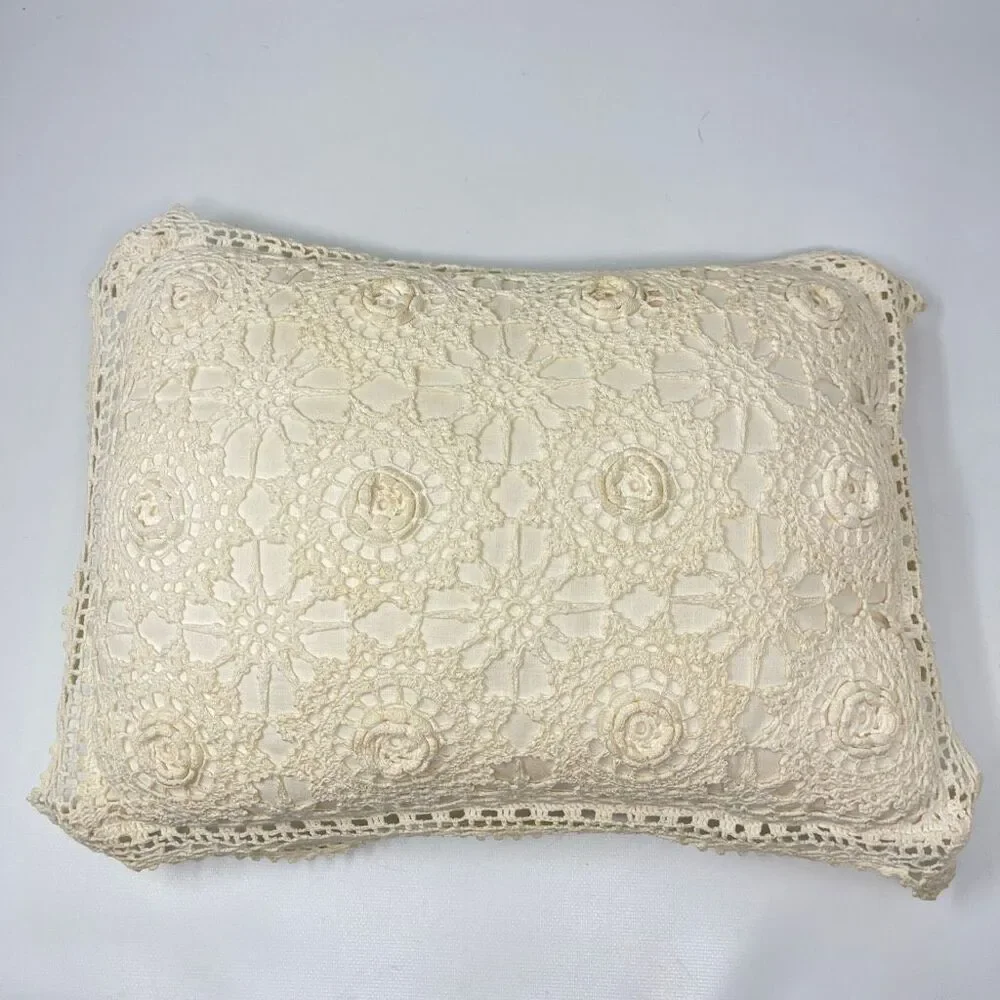 Vintage Hand Crochet Lace Throw Pillow Cover Cream Cotton Floral Boho 16x10